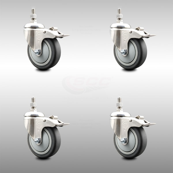 Service Caster 4 Inch 316SS Thermoplastic Rubber Swivel 3/8 Inch Stem Caster Set Lock Brake SCC SCC-SS316TSTTL20S414-TPRB-381615-4 - main